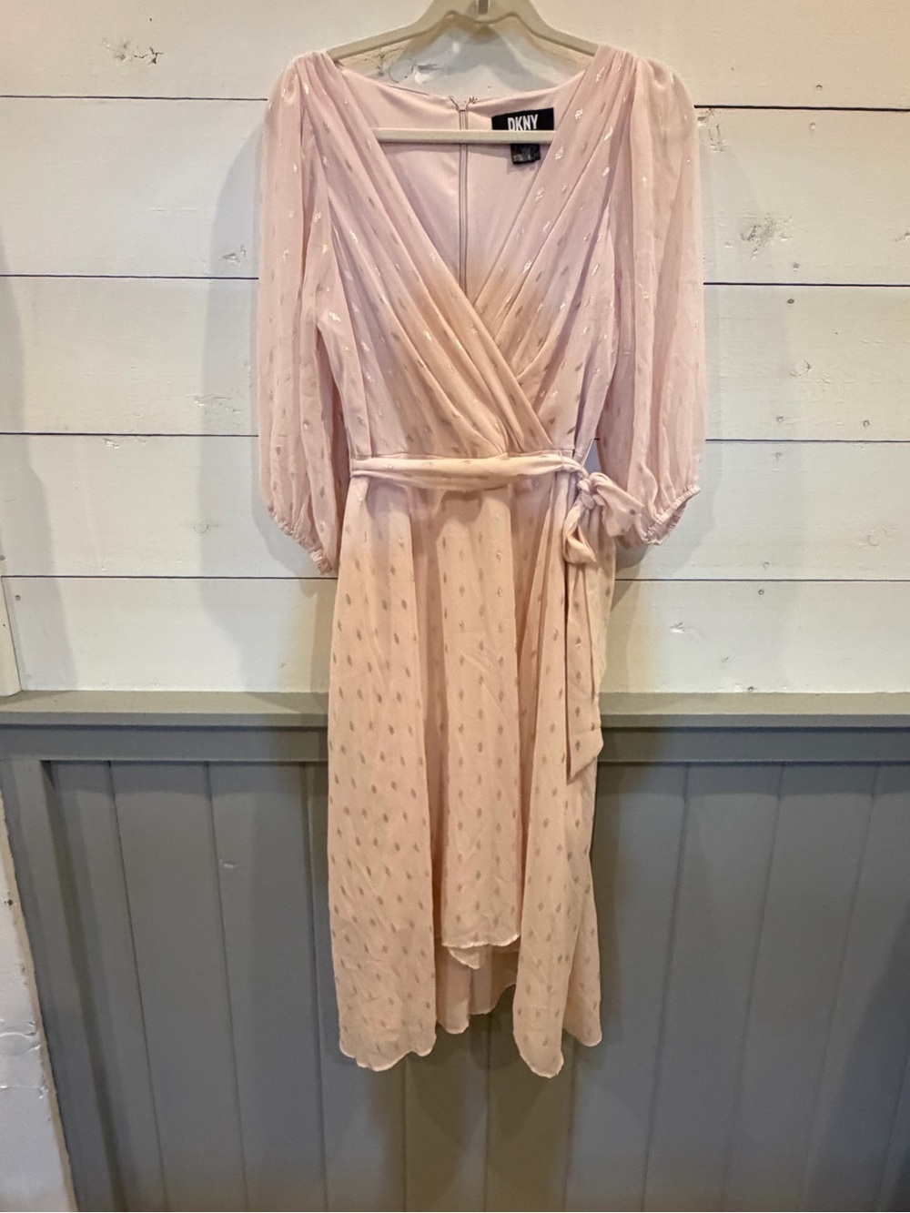 DKNY Blush Pink Metallic Dot Wrap Style Midi Dress